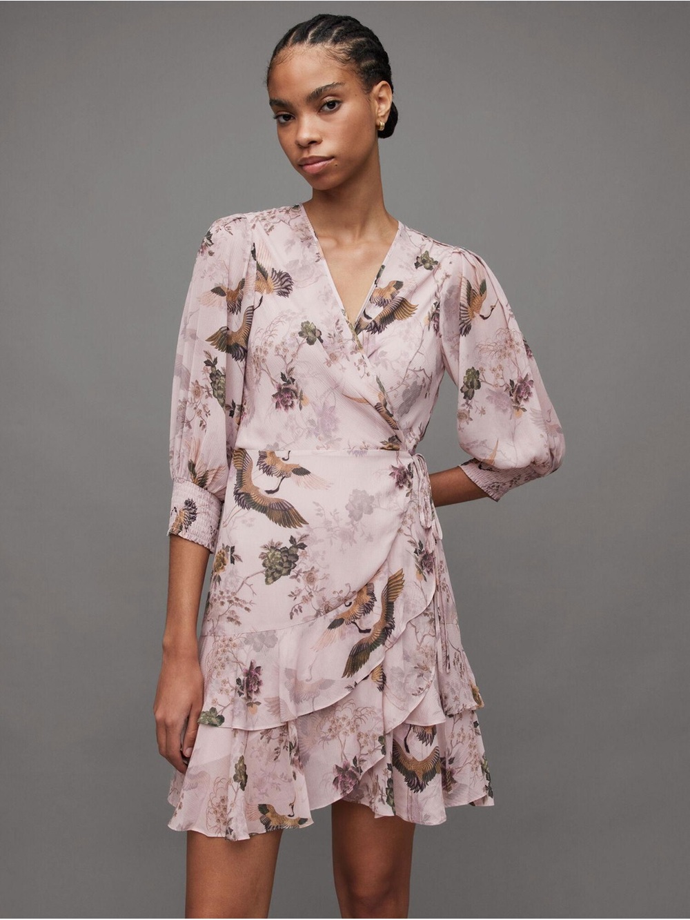 All Saints Ari Peggy Floral Print Mini Wrap Dress | Size 4 - Picture 1 of 8